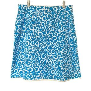 BROOKS BROTHERS Stretch Cotton A-line Skirt, Blue/White Swirl Print, Size 8